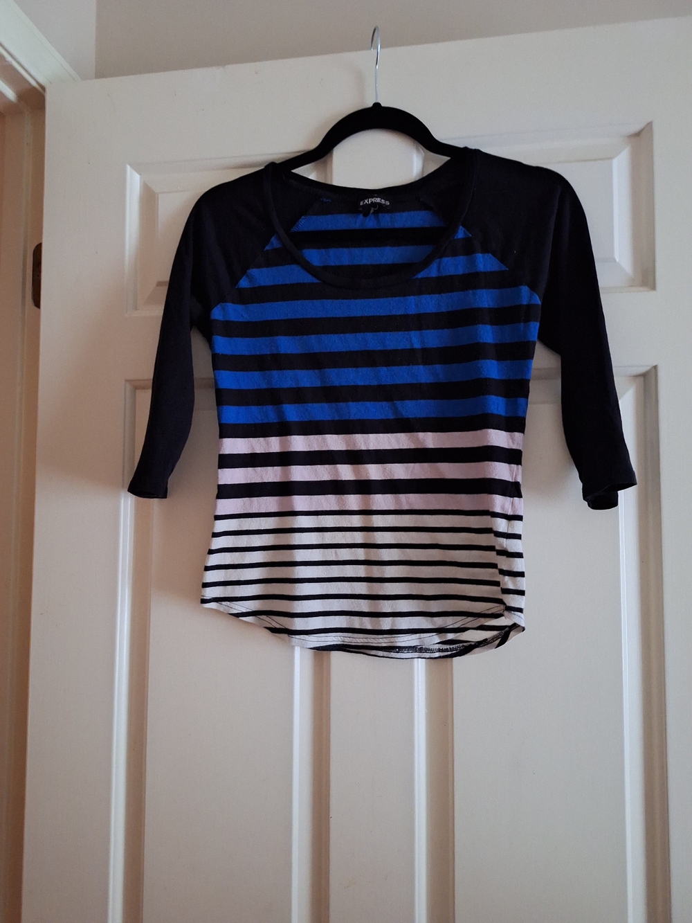 Express Striped Raglan Tee in Blue, Black, White & light Pink | Lightweight XS